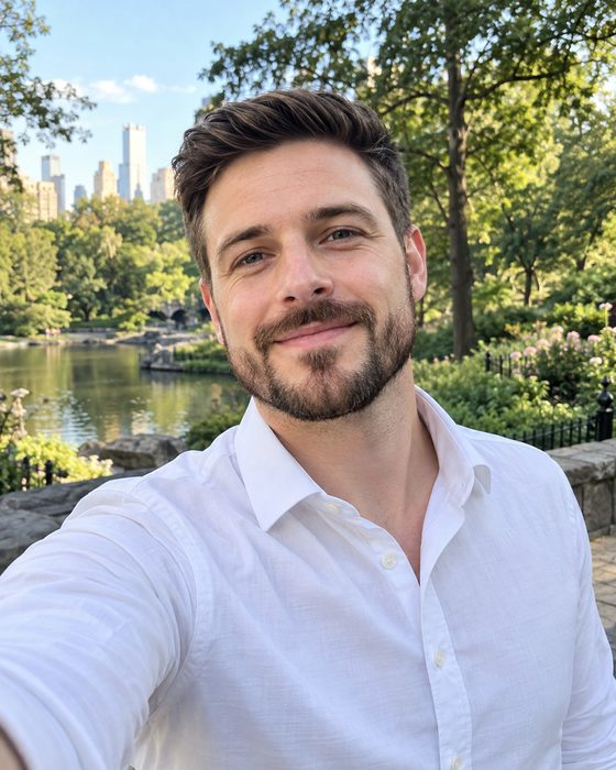 Jason Green smiling outdoors in a white shirt